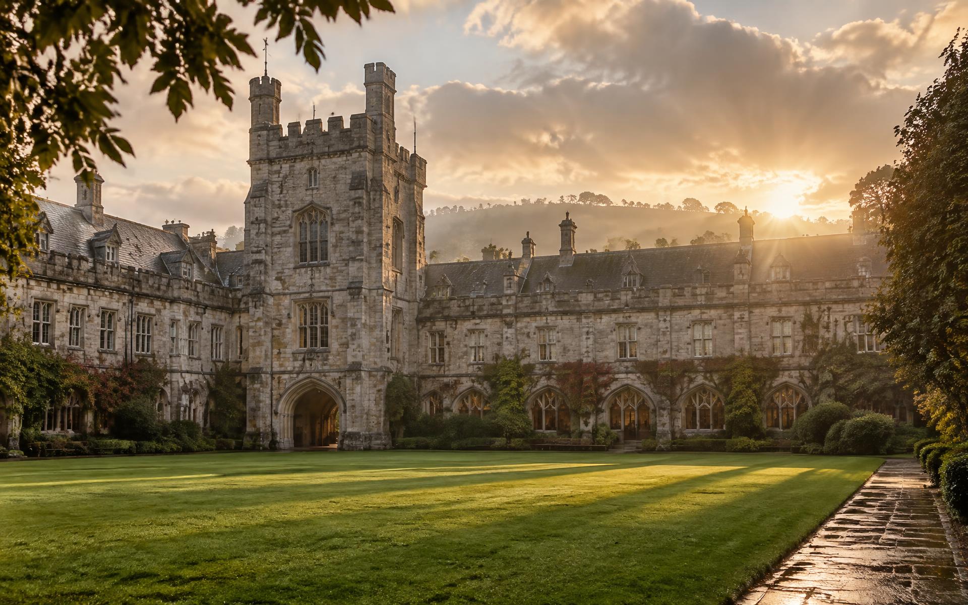 Historic university quadrangle in Cork at golden hour